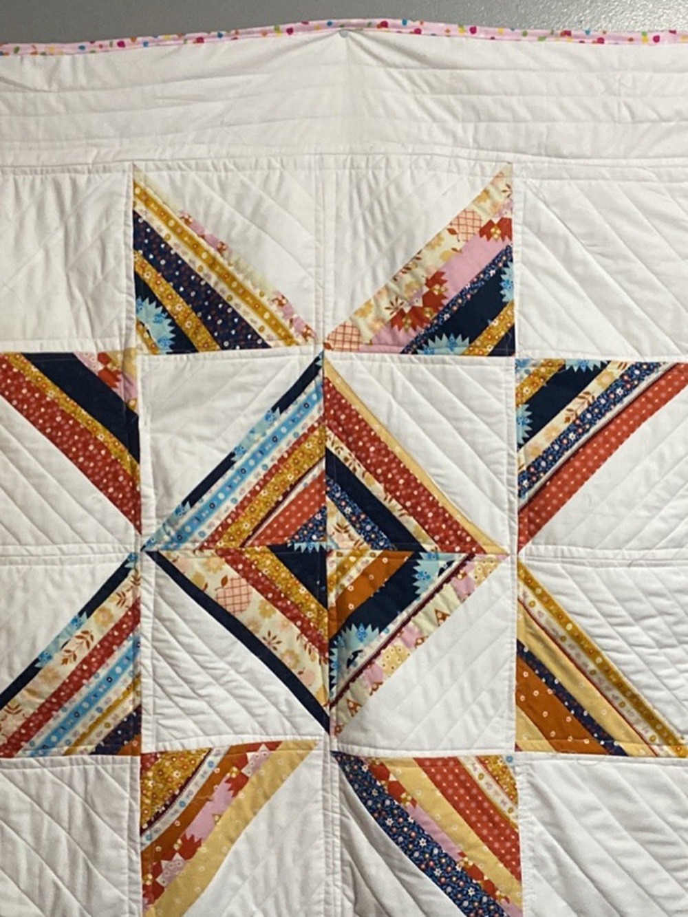 Handmade Patchwork Star Quilt - White with Multicolor Stripes